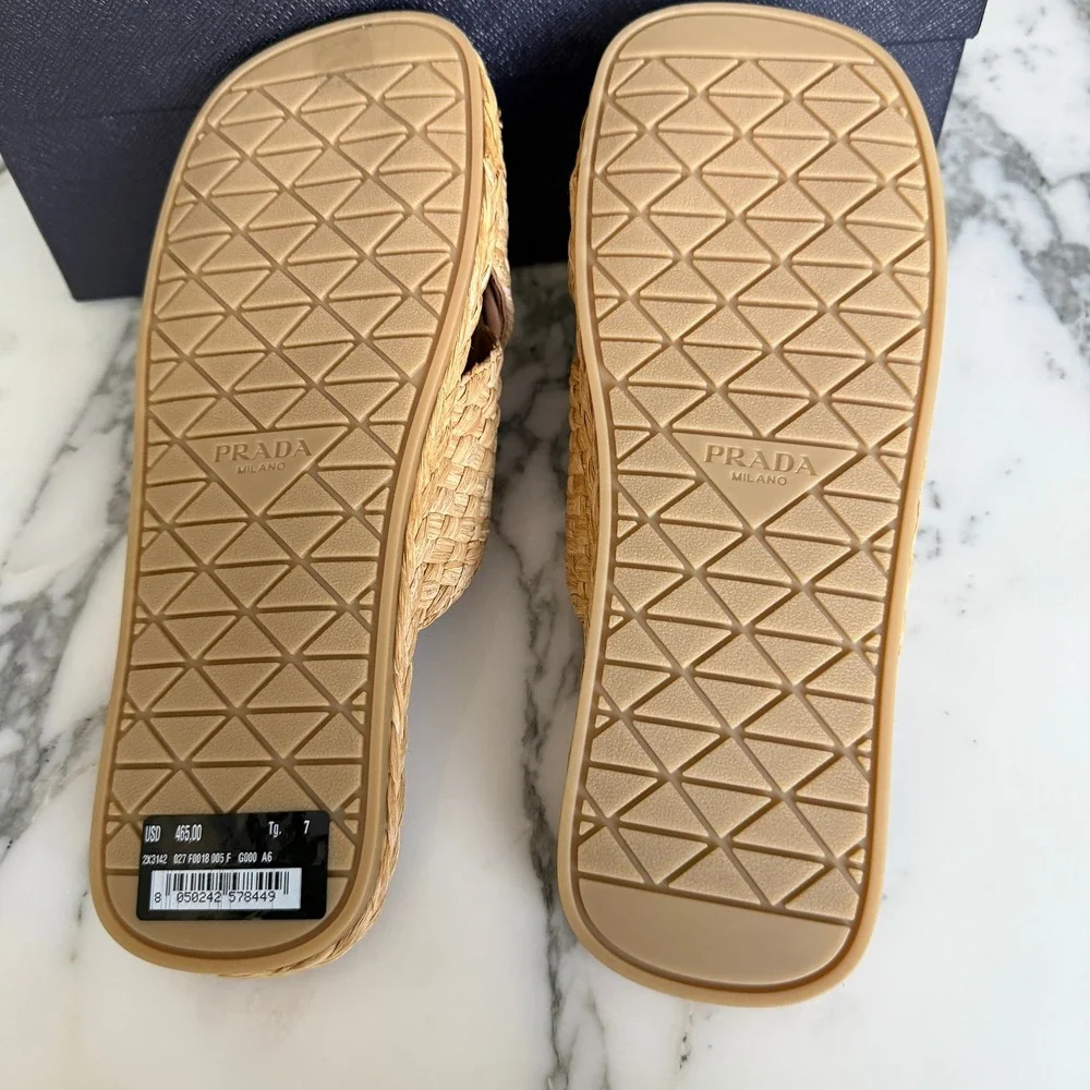 Prada 2X3142 Mens Woven Raffia Cross Strap Slide Sandals Beige Tan UK 7 (FIT LG)